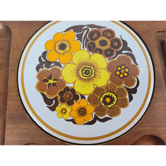 Vintage MCM Mid Century Floral Tile Wood Cheese Charcuterie Board Glass Dome - Picture 3 of 10